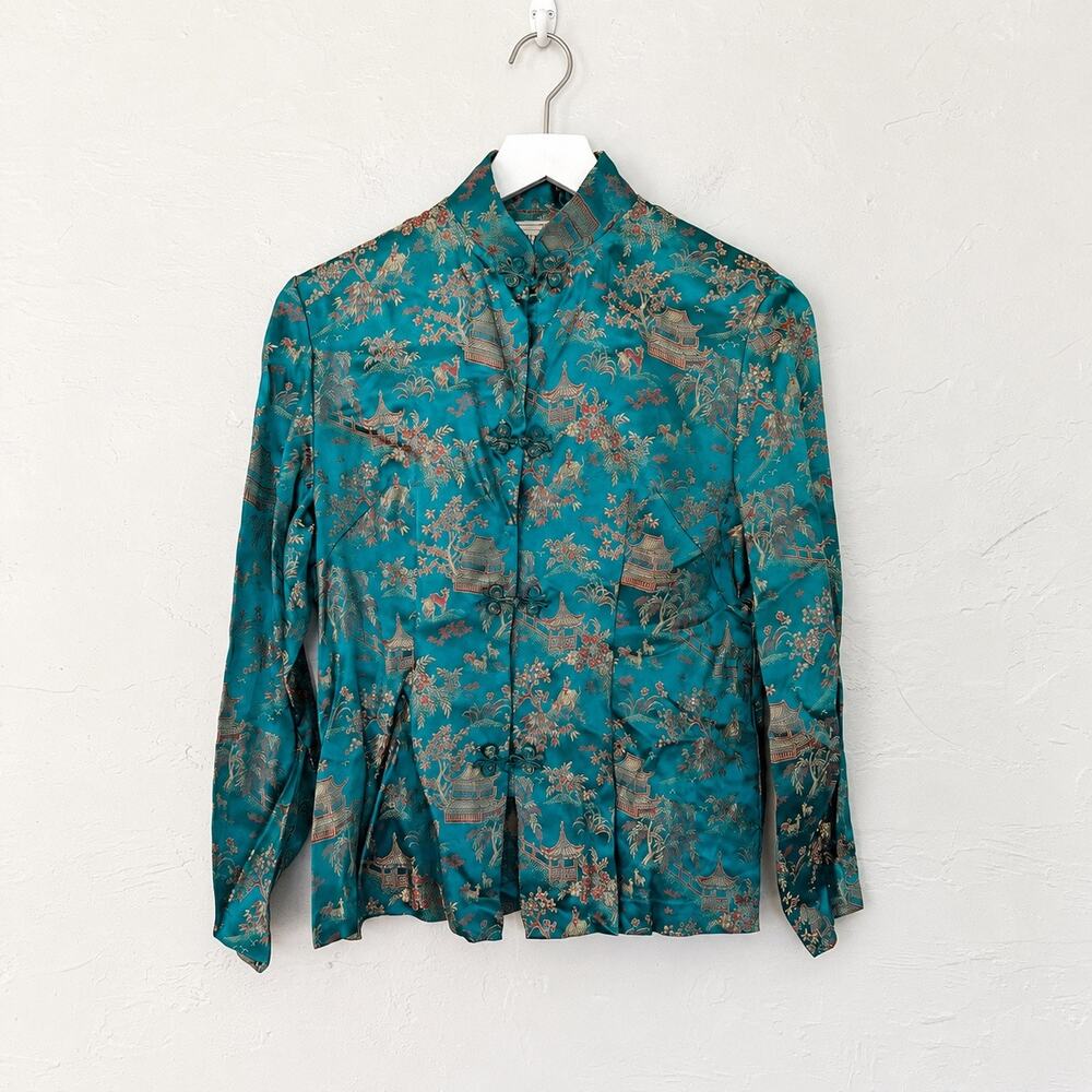 Vintage Peony Brand Teal Chinese Brocade Mandarin Jacket Blouse M